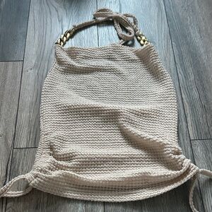 Neutral Crochet Drawstring Tote with Gold Chain Accents